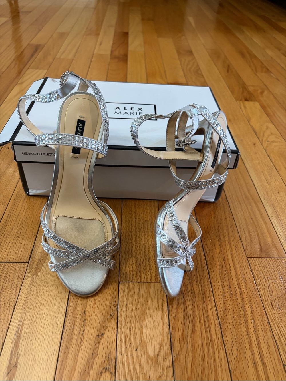 Alex Marie Silver Crystal Strappy Heels-  has a deep scratch on the heel section